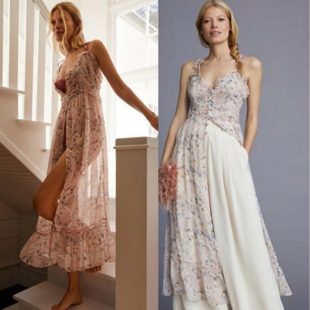 Anthropologie Asymmetrical Floral‎ Dress in Pink and Cream